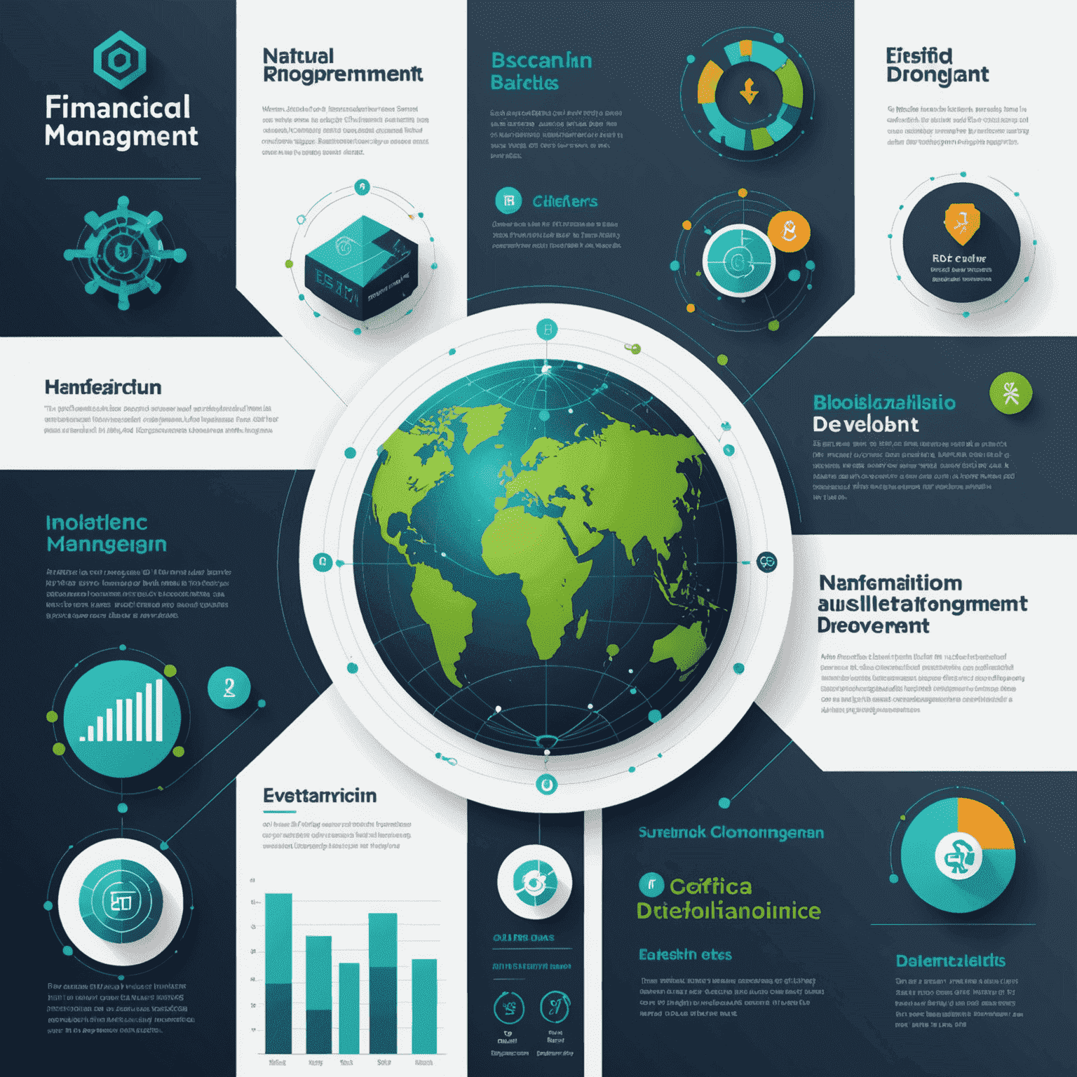 Инфографика, показывающая современные тренды в финансовом менеджменте: цифровизация, искусственный интеллект, блокчейн и устойчивое развитие