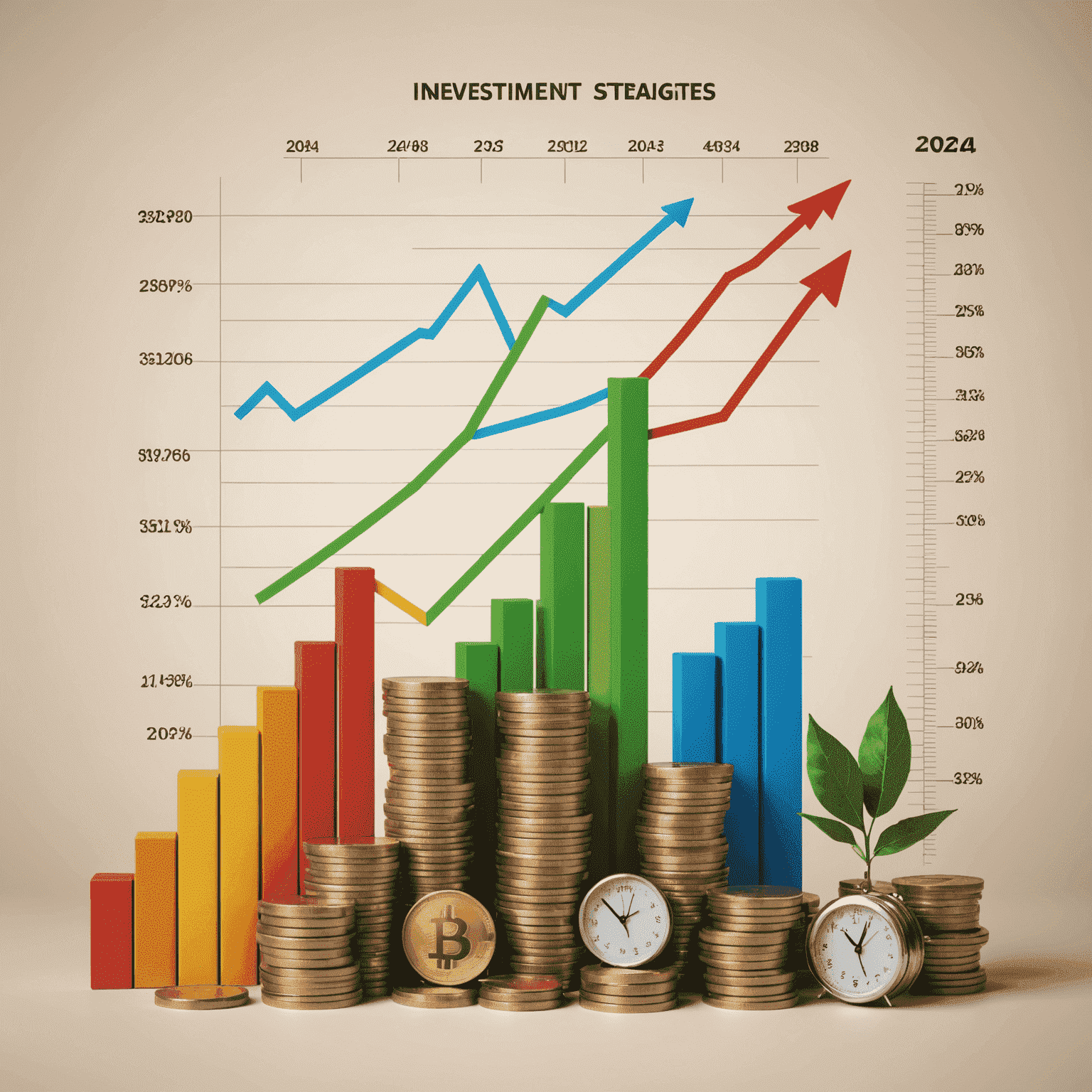 Изображение графика роста инвестиций и различных финансовых инструментов, символизирующее инвестиционные стратегии 2024 года